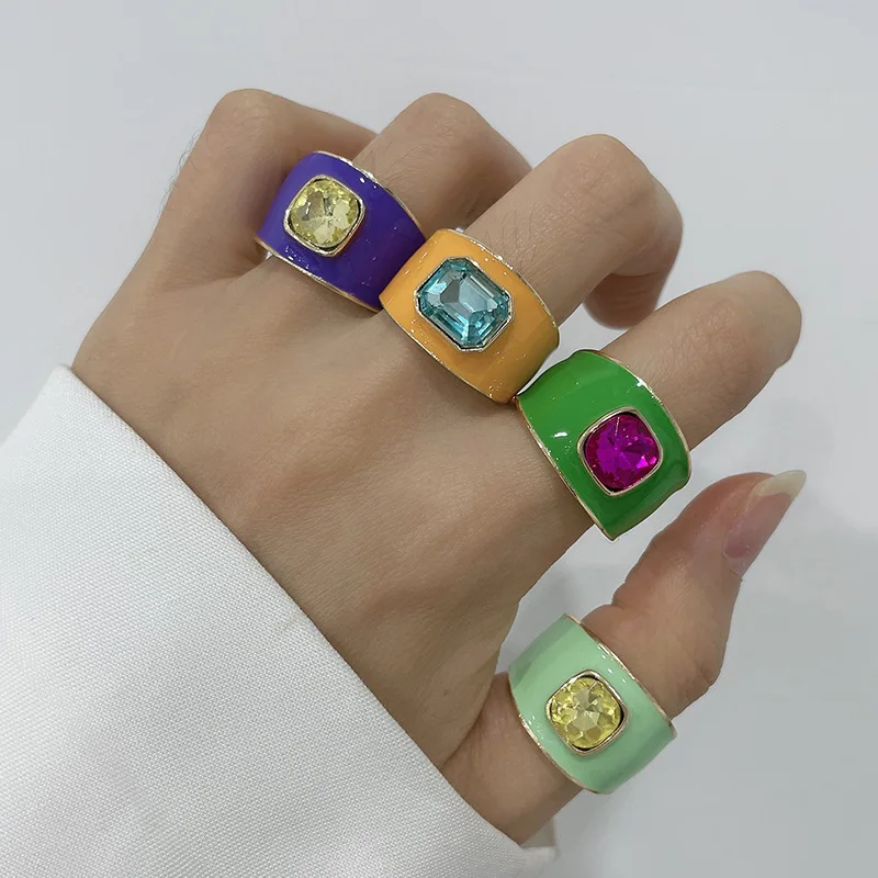 

Vintage Jewelry 18K Gold Plated Geometric Square Colorful Cz Enamel Ring Colour Cubic Zirconia Oil Dripping Painting Ring