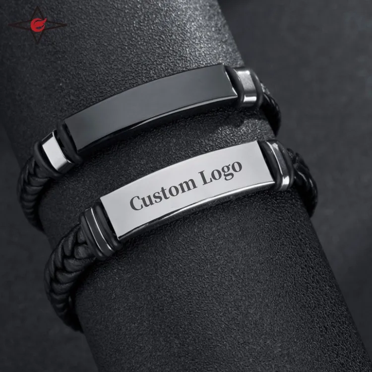 

Engraved Logo Stainless Steel Black Cuff Bracelet Twist Woven Leather Bracelet For Men Personalized