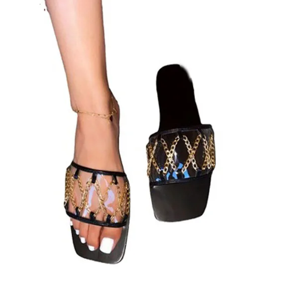 

2021 flat bottom metal chain transparent cross simple slippers lady's large square toe slippers, As shown in figure