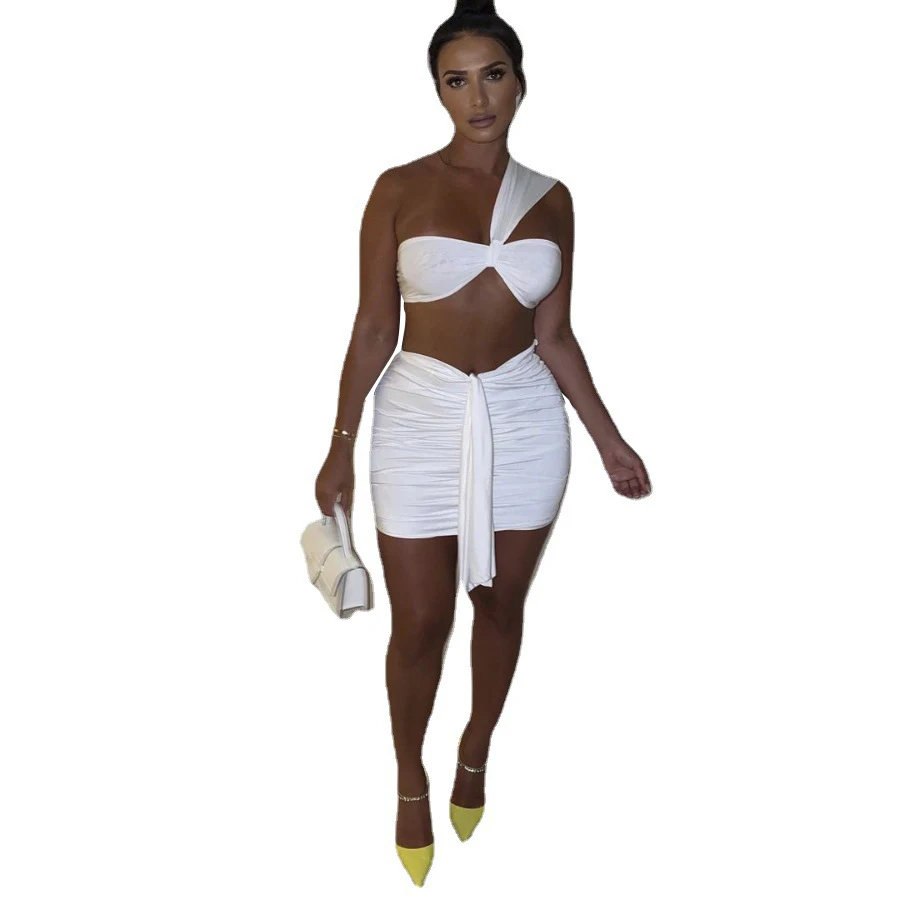 

2021 new arrivals white sexy skirt pleated two piece short set
