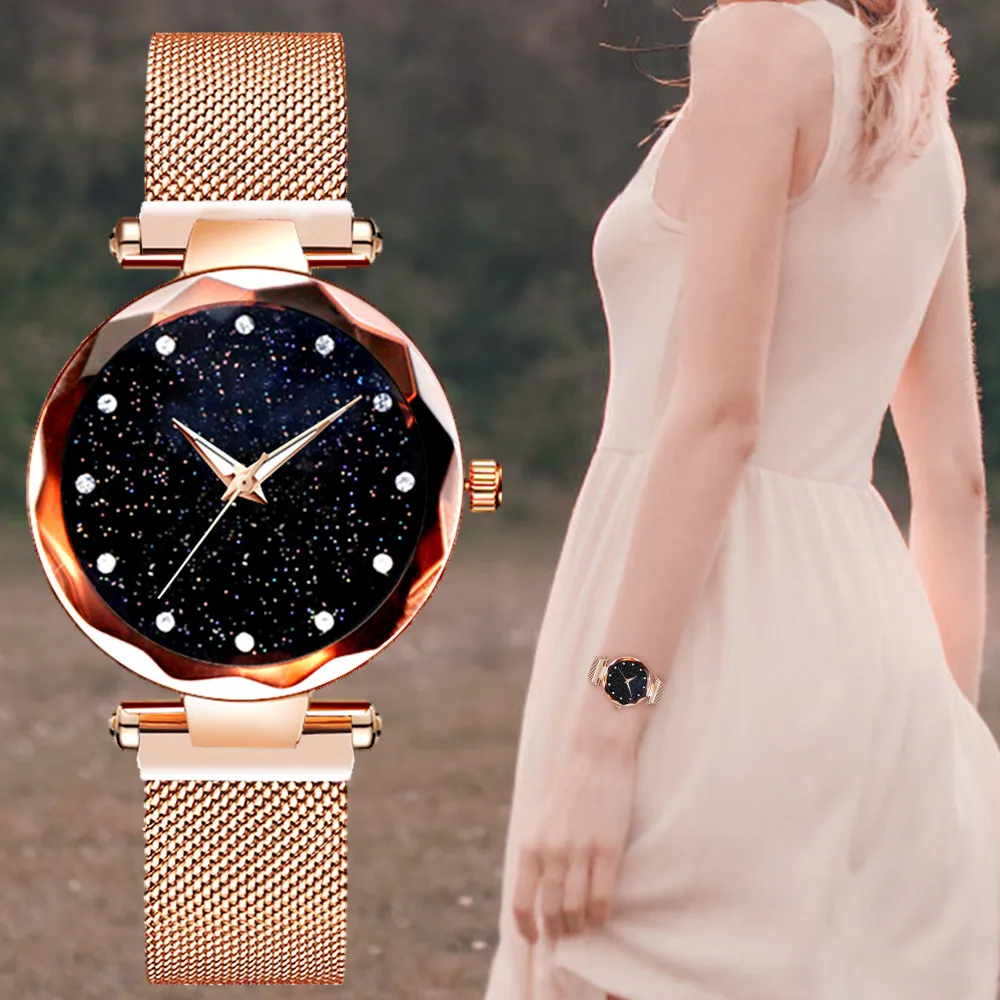 

Luxury Brand Ladies Watch Star Sky Diamond Dial Women Bracelet Watches Magnetic Stainless Steel Mesh Customized Wristwatches, 6 colors