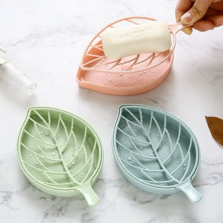 

Home Decor Creative Cute Plastic Case Leaf Shaped Soap Dish Holder with Draining Layer for Bathroom Sink Soap Bar Storage, Pink/blue/green