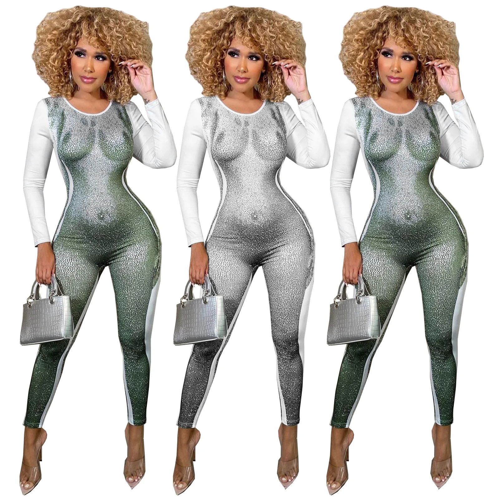 

SY99107 Fashion Women's Spring and Autumn 3D Body Print Round Neck Zipper Slim Women's Jumpsuit, Green gray