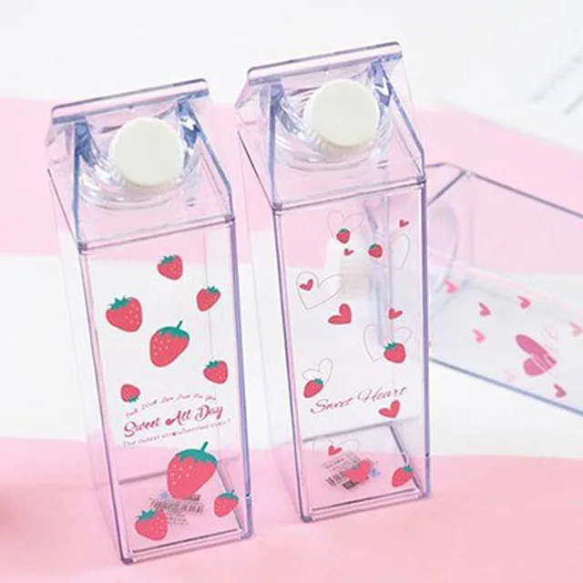 

Feiyou cheap cute 500ml custom square plastic strawberry printing clear milk carton drinking water bottle for girls, Color as pictures