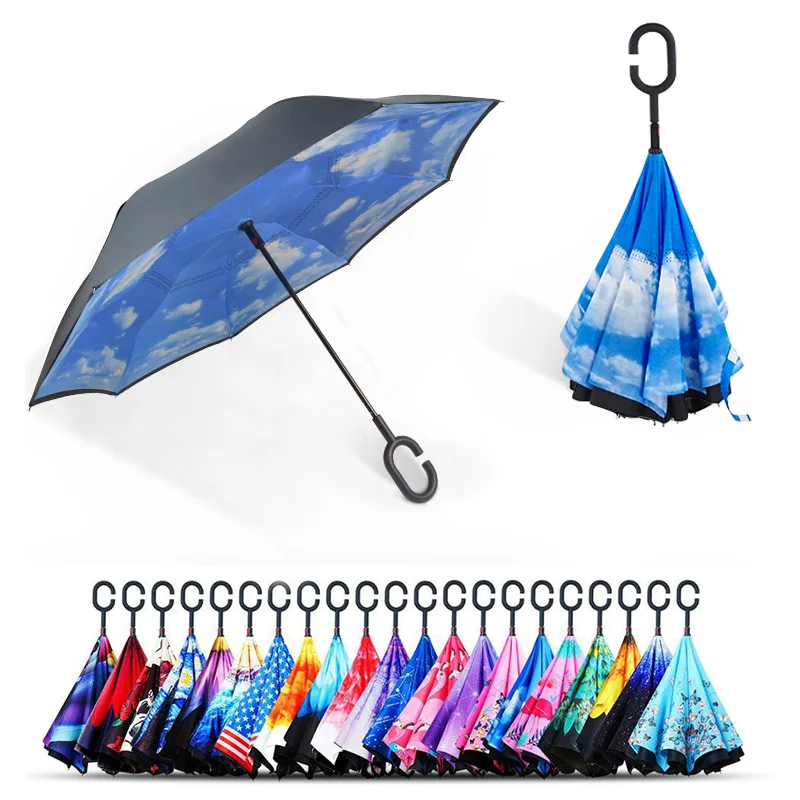 

J601 Custom Windproof C Handle Reverse Invert Umbrella Double Layer Arc Upside Down Umbrella Inside Out Umbrella