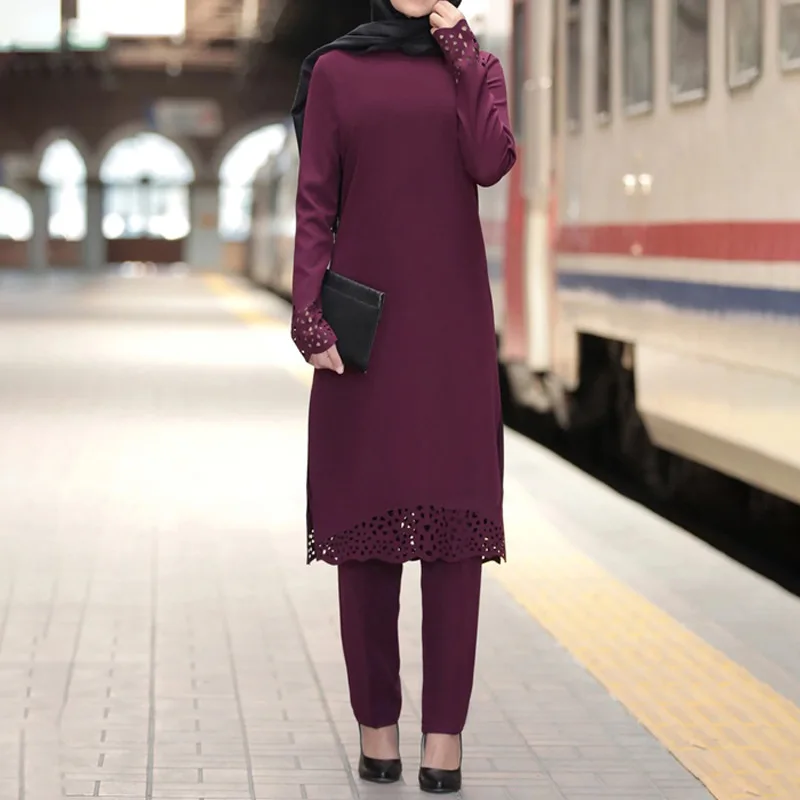 

Spring Clothing Middle Eastern Women'S Split Turkey Muslim Abaya Robe Suit Burnt Flower Dress Sets Two Piece Tops And Pants, Customized color