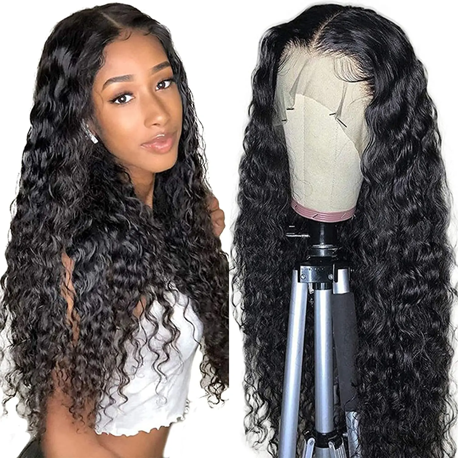 

Natural Black Color 150% Density 13*4 Lace Brazilian Remy Human Hair Water Wave Lace Front Wig for Women, All colors