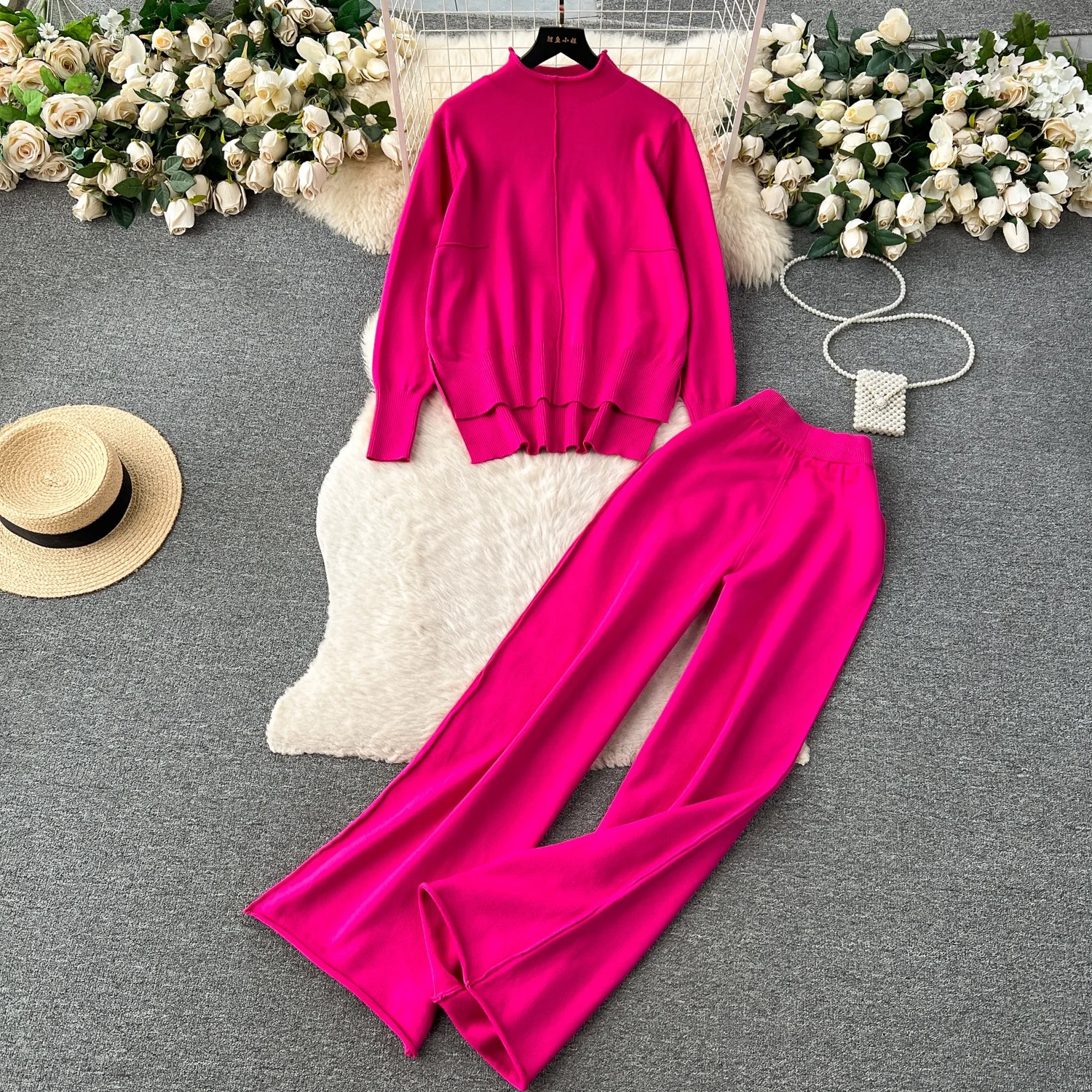 

European and American loose fitting casual sweaters knitwear for women autumn winter new high waisted wide leg rolled up pants