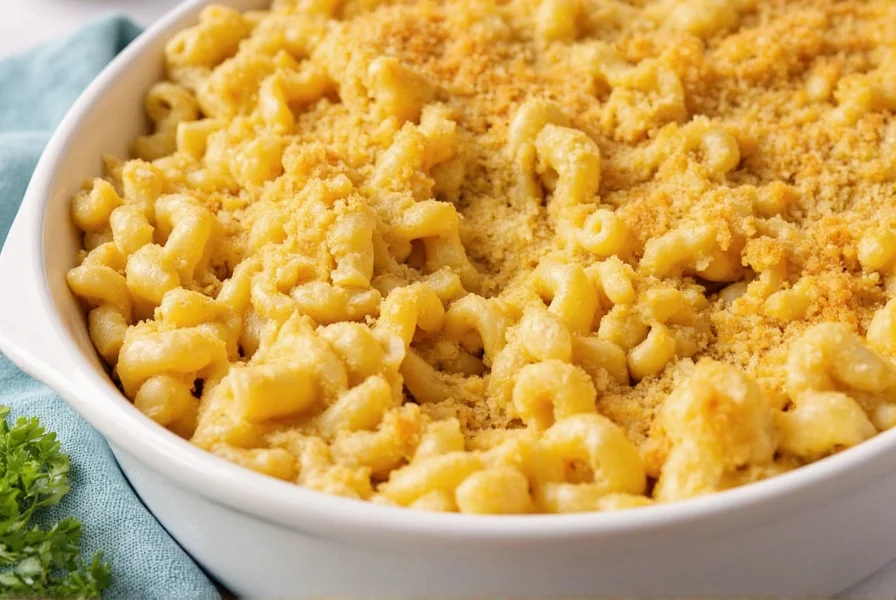 Finished honey pepper chicken mac and cheese served in a ceramic dish with golden breadcrumb topping and fresh parsley garnish