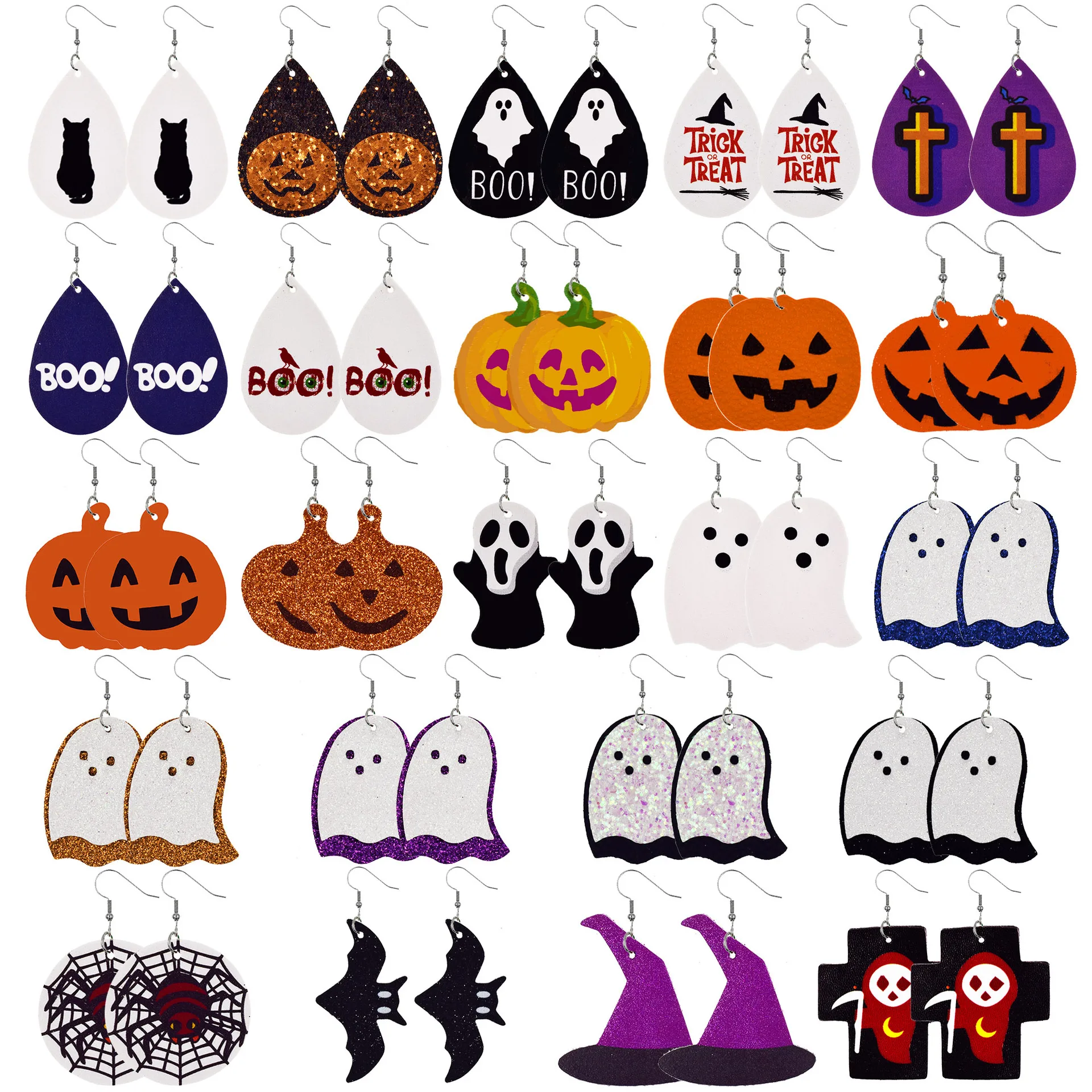 

Halloween Print ghost pumpkin horror bat PU faux leather drop earing set women, 23 styles and colors