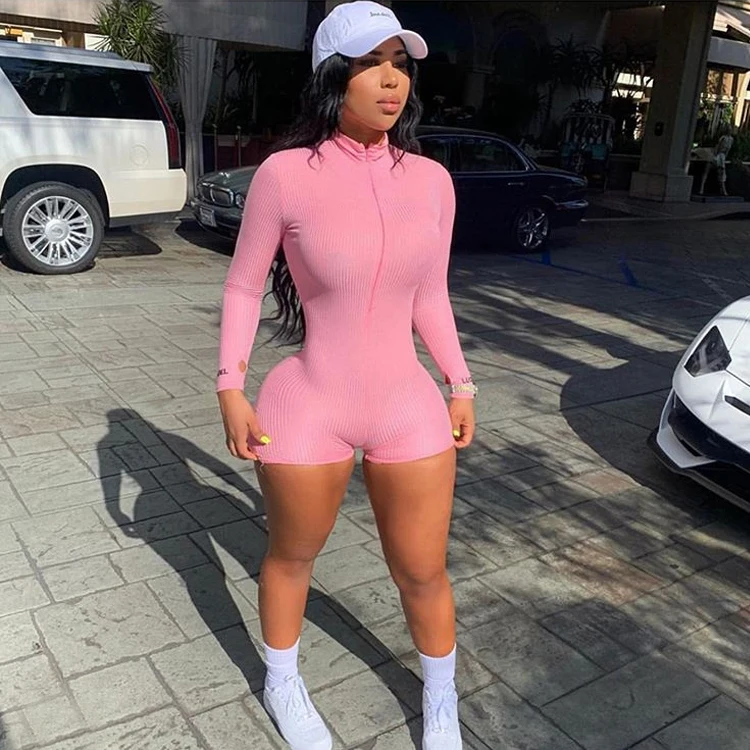 

8771 Jump Suits Ladies Sexy Pink Rompers One Piece Shorts Women Long Sleeve Turtleneck Bodysuit 2021 New Arrivals