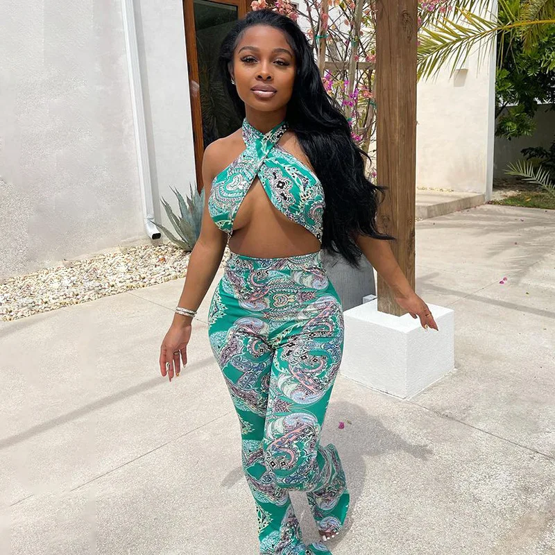 

Xuqing Wholesale fashion halter printed high waist flare two piece wide leg pant set summer clothes for women, Photo shows