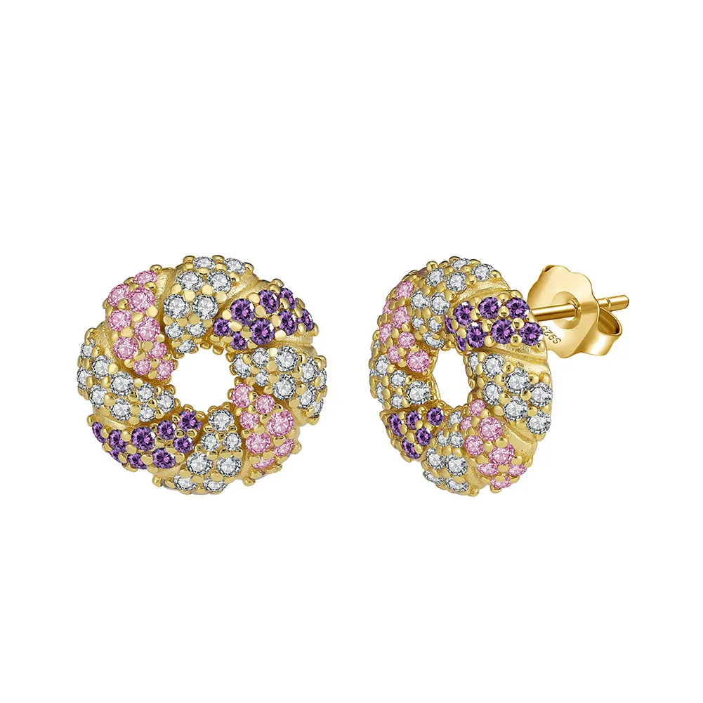 EQE115 RINNTIN 925 Sterling Silver Plated Gold Simple Brilliant Geometric Circle Stud Earrings with Colored Cubic Zirconia