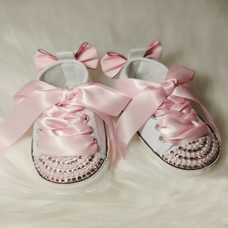 

Wholesale Bling Baby Toddler Rhinestone Athletic Shoes Soft Pink Bowknot Girl Kids Canvas Sneakers