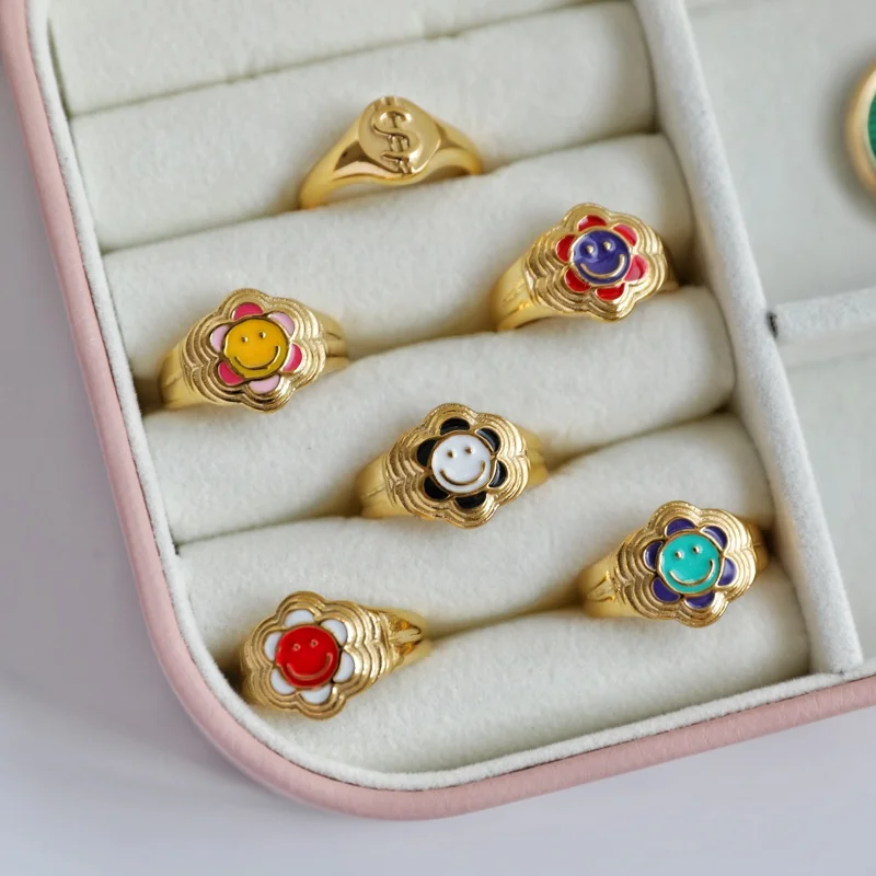 

High End 18K Gold Plated Colorful Enamel Happy Face Flower Rings Enamel Rings for Women