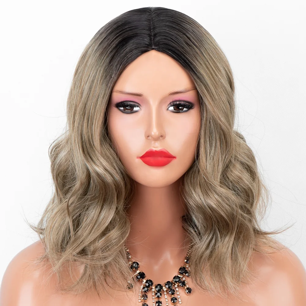 

Aliblisswig Natural Looking Dark Root Ombre Brown Short Wavy Bob Middle Part Heat OK Fiber Hair None Lace Synthetic Wigs