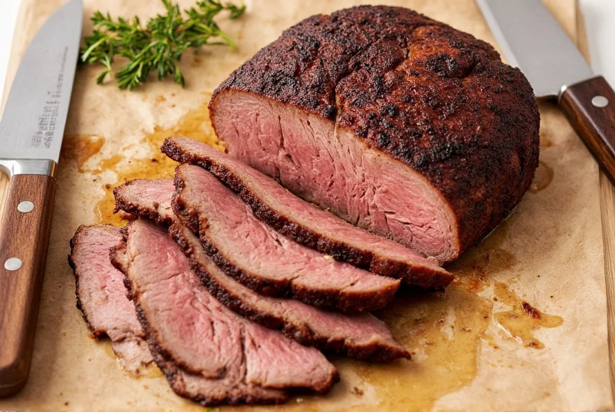 Sliced beef brisket with proper grain direction visible on serving platter