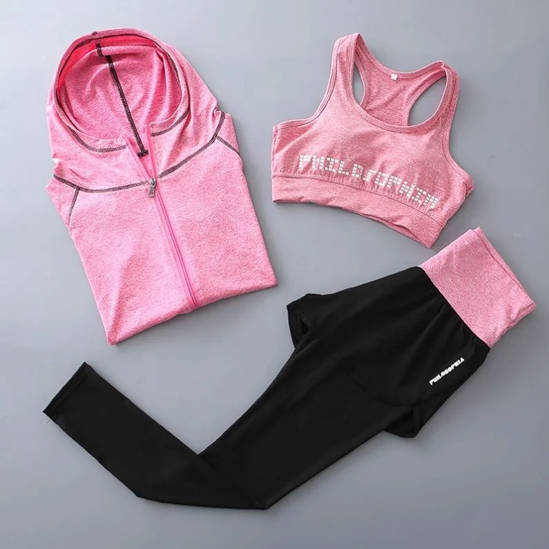 

Pink Wear Woman Comfortable Pack Sport Bra With Hoodies And Shorts Set, Customized colors