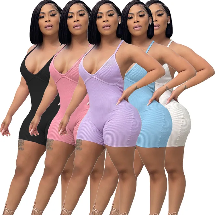 

Sexy One Piece Women Short Jumpsuits Sleeveless Ribbed Backless Summer Ladies Bodycon Rompers, Picture shown