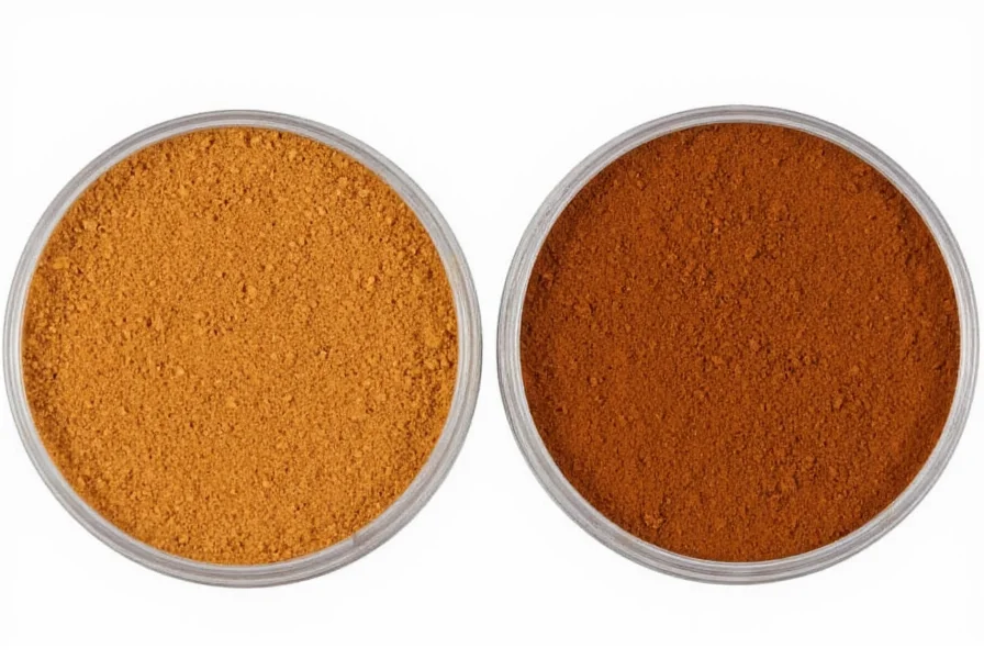 Ceylon cinnamon powder versus Cassia cinnamon powder showing the lighter color of Ceylon and darker hue of Cassia in side-by-side containers
