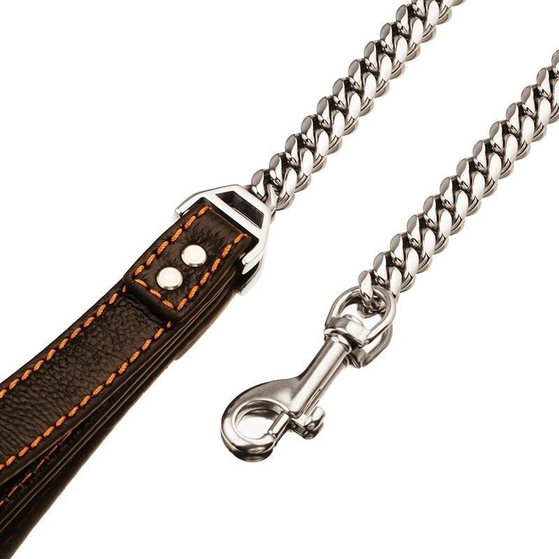 

Elegant Popular Leather Padded Handle Stainless Steel Cuban Link Chain Pet Dog Leash