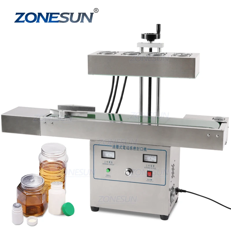 zonesun zs-fk2100 continuous heat sealer aluminum foil lid automatic bottle induction heat sealing packaging machines