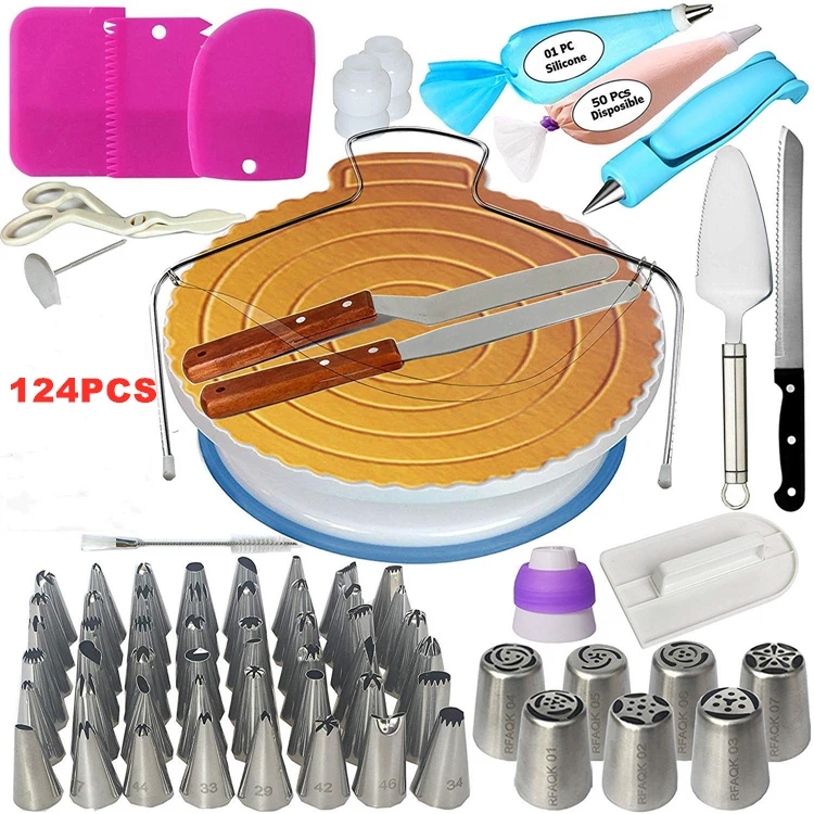 

124pcs Suitable Home Kitchen Baking Tool Cake Decorating Kit Baking Supplies for Beginners, Silver