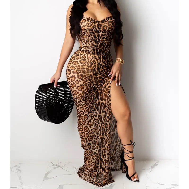 

FS2745A Sexy women leopard print high slit dress