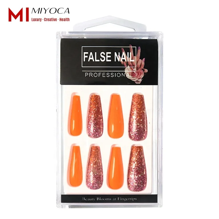 

MIYOCA Hot Sale Extra Long Gradient Sequins Coffin False Nail Press On Luxury Orange Color Glitter Bling Fake Nails Faux Ongles