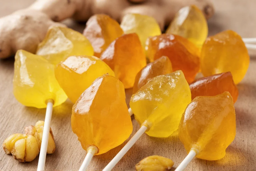 Close-up photograph of assorted ginger lollipops showing varying shades from pale yellow to deep amber, arranged on a wooden table with fresh ginger root