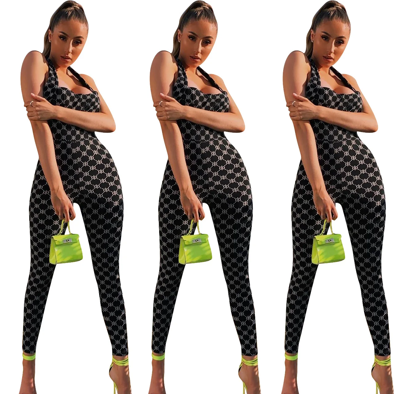 

Black Women Jumpsuits Sexy Sleeveless Digital Print Halter Bodycon Jumpsuit Fashion One Piece Jumpsuits And Rompers