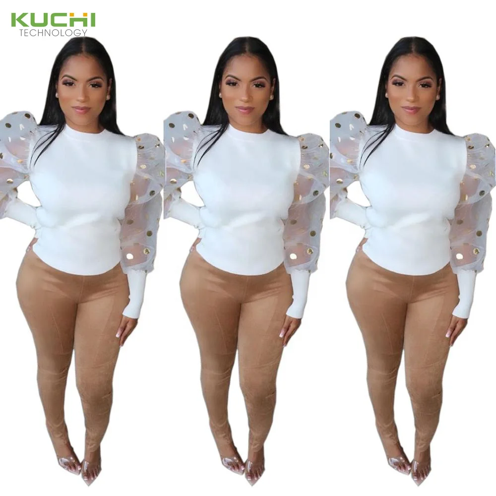 

L5808N - women fashion white sequin polka dot long sleeve t shirt