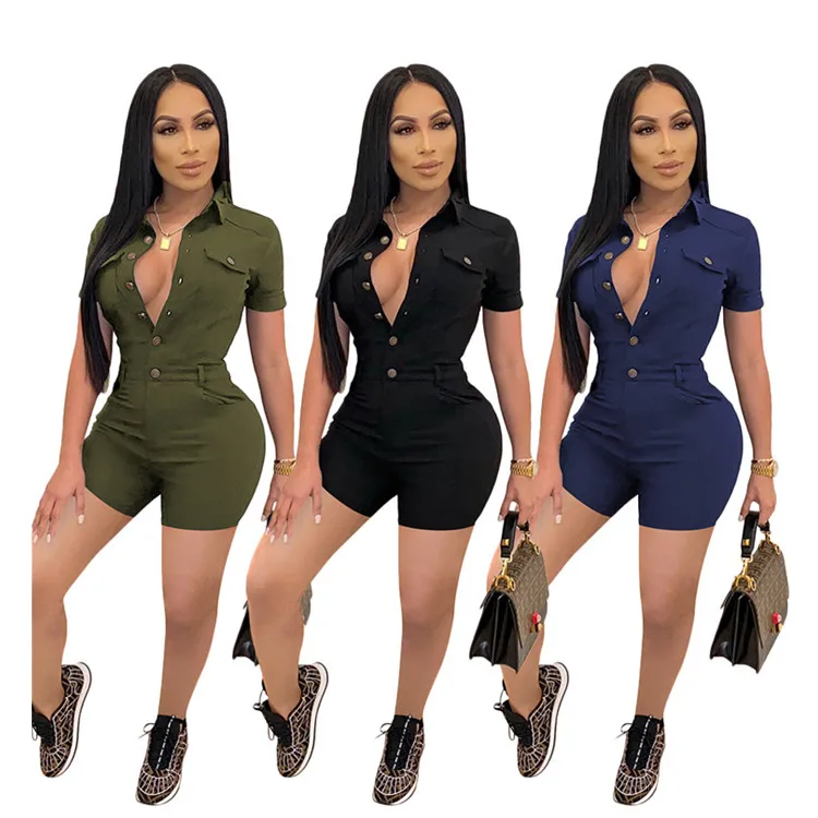 

Fashion Casual Solid Color Women Jumpsuit Buttons Turn Down Collar One Piece Shorts Jumpsuit for Women, As picture