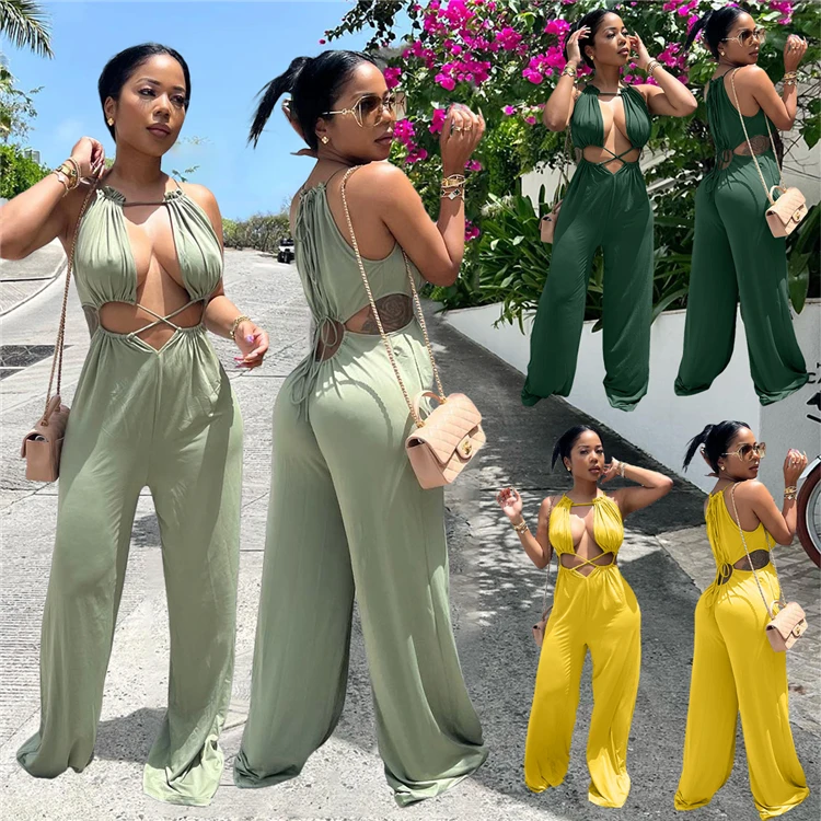 

Sexy Ladies Long Jumpsuits Casual Bandage Wide Leg Loose Summer Women One Piece Rompers