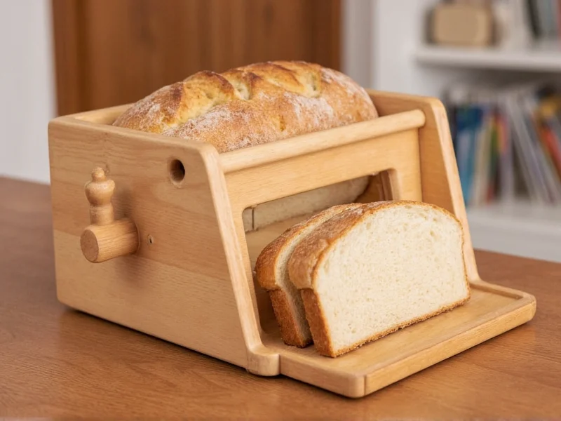 Adjustable wooden bread slicer with loaf showing clearance space