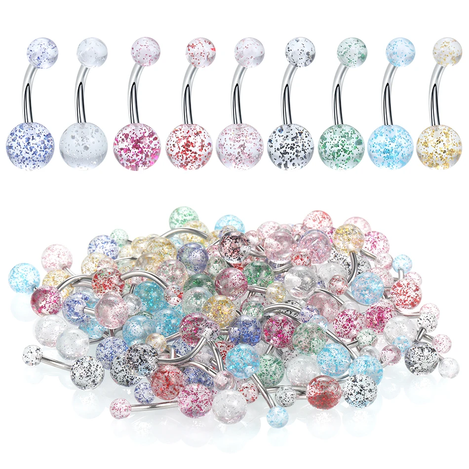 90Pcs/Pack Surgical Steel Belly Button Ring Glitter Ball Navel Piercing Curved Belly Ring Piercing Jewelry