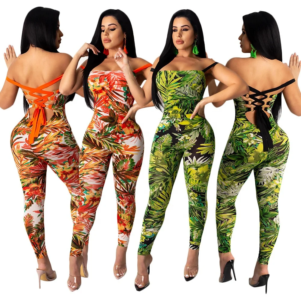 

B52746A Wholesale summer new women sexy backless bandage printed jumpsuit, Red/green