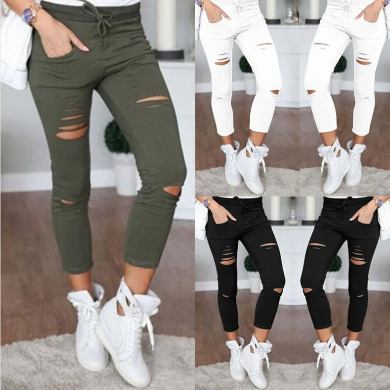

Female Trousers Women Hole Leggings Ripped Pants Slim Stretch Drawstring Trousers Pants Army Green Pants