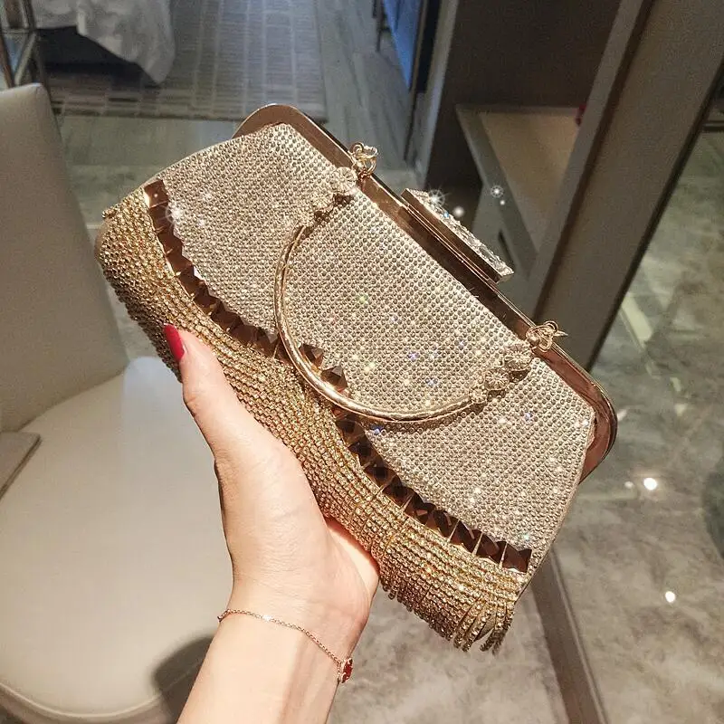 

Hot Sale Diamond Fashion Elegant Crystal Clutch Bag Evening Rhinestone Lady Handbags With Tassels, Silver