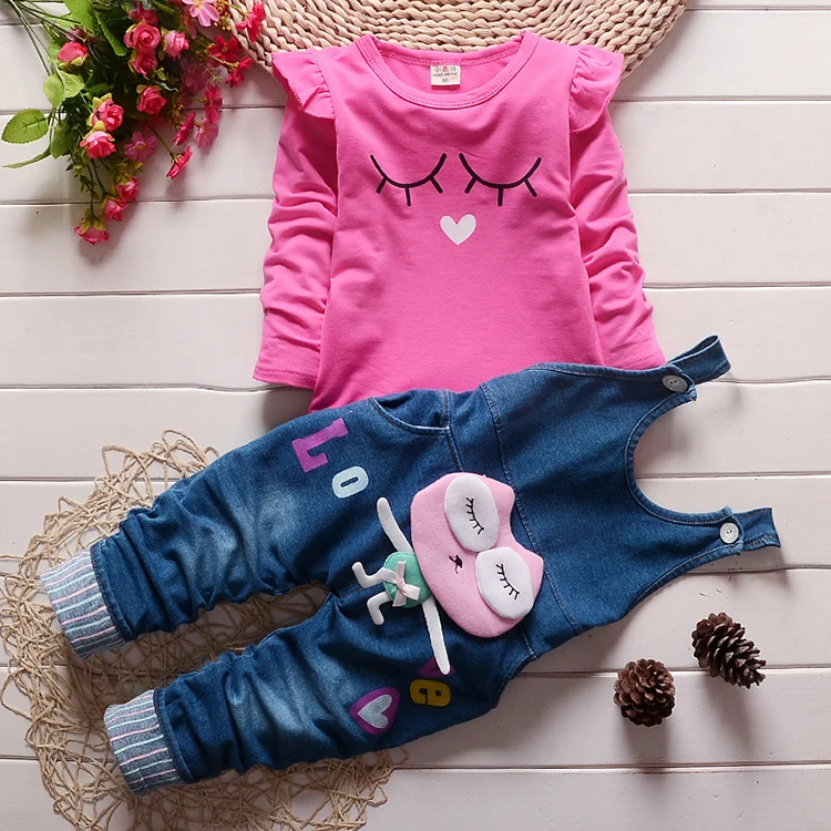 

I@U 2021 Fashion casual cute cartoon long sleeve T-shirt denim pants kids clothing girl wholesale children boutique clothing