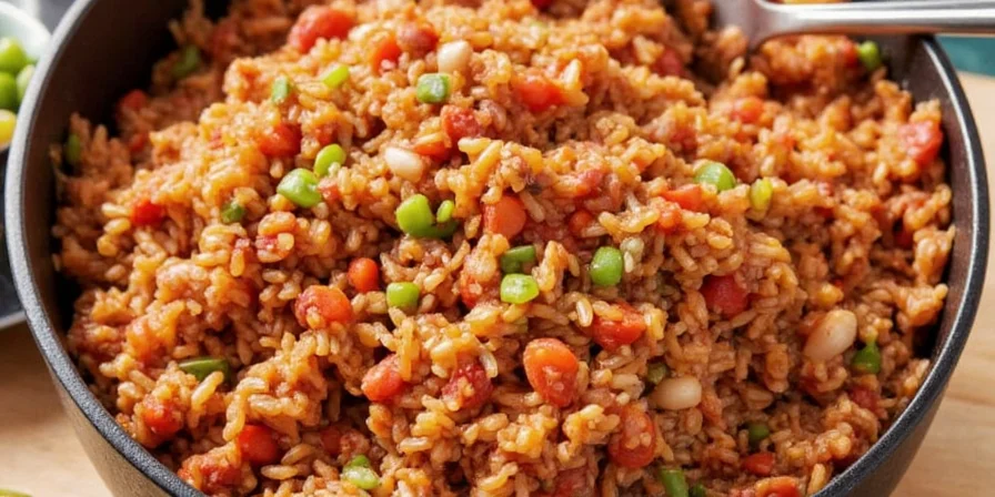 Plated jambalaya with garnish, crusty bread, and coleslaw on the side
