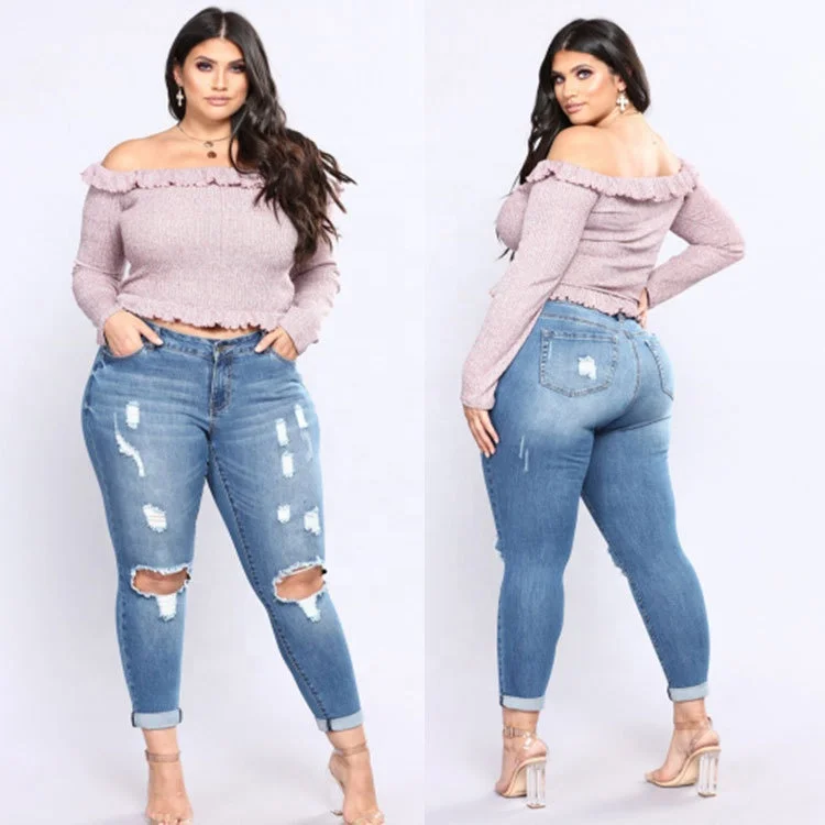 

2XL-7XL Factory ladies fat woman custom clothing with scratched blue ripped plus size jeans pants for women