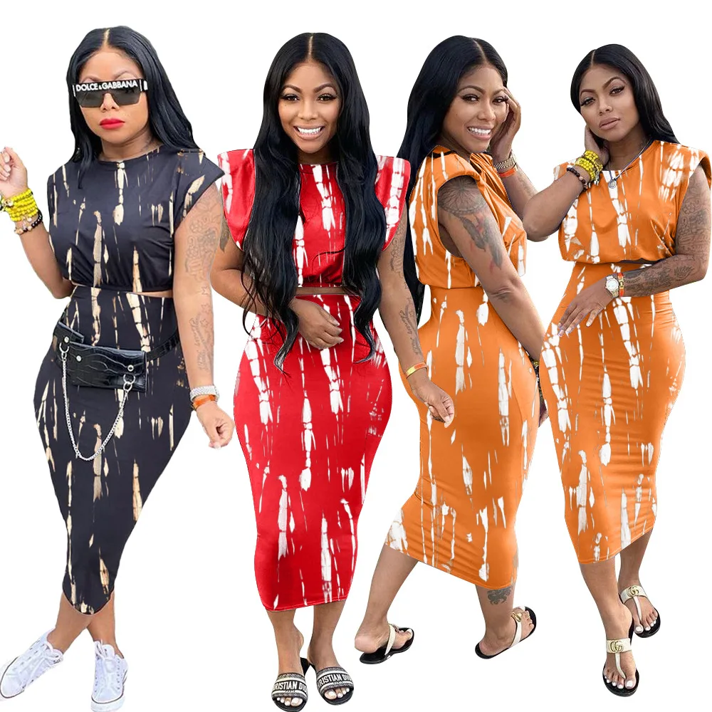

2021 New Arrivals tie-dye printing sleeveless shoulder pads women skirt sets two piece outfits plus size 3xl two piece sets