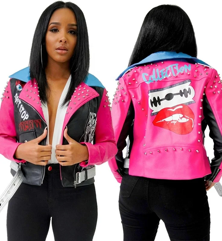 

Women's Cool Jacket Rivet Big Mouth Graffiti Printing Fluorescent Contrast Color With Zipper Fashion Leather Jackets, Picture