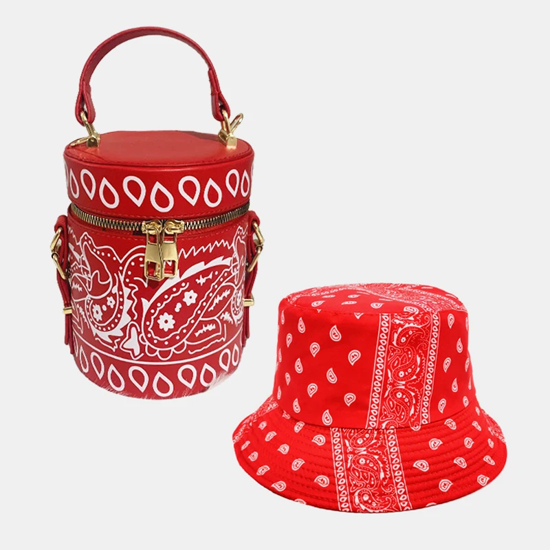 

2021 Ins Trendy Cashew Flower Print Cylinder Women Hand Bags and Hat Set Fashion Designer Bandana Paisley Bucket Hats and Bag, 10 colors