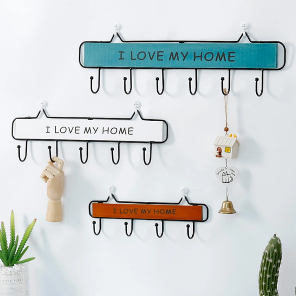 

4/5/6 Hooks Mounted Hanging Storage For Door Wall Bathroom Bag Clothes Hanger Key Wooden Iron Coat Hook Rack, White, pink, blue, coffee