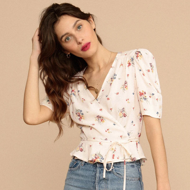 

Spring and summer floral puff sleeves V-neck tie waist wrap shirt French retro cropped top