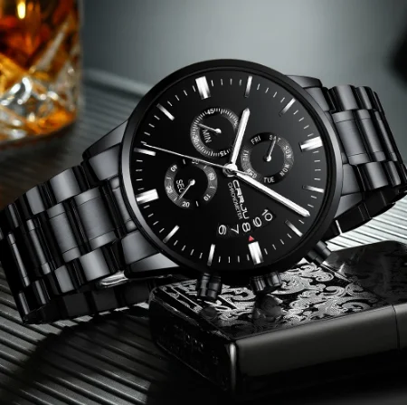 

CRRJU Men's Business Casual Stainless Steel WristWatch multifunctional Chronograph Quartz Watches for man Fashion Clock Gift