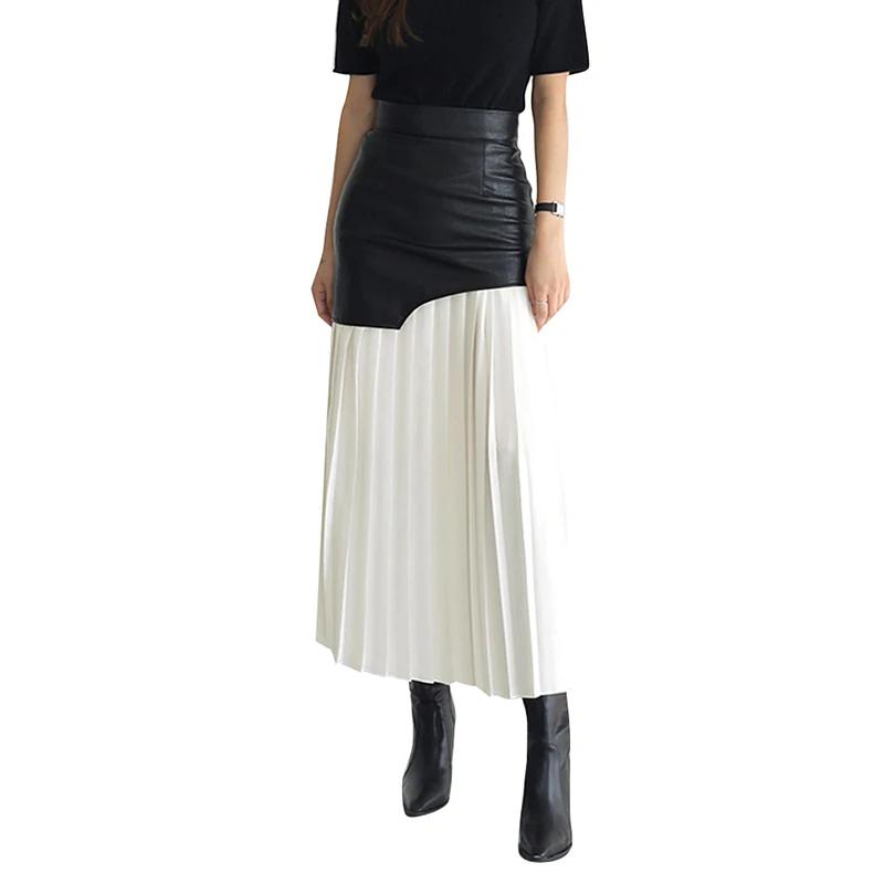 TWOTWINSTYLE Vintage Bodycon Pleated Midi Skirt High Waist Irregular Leather Patchwork Empire Waistline Plus Size Available