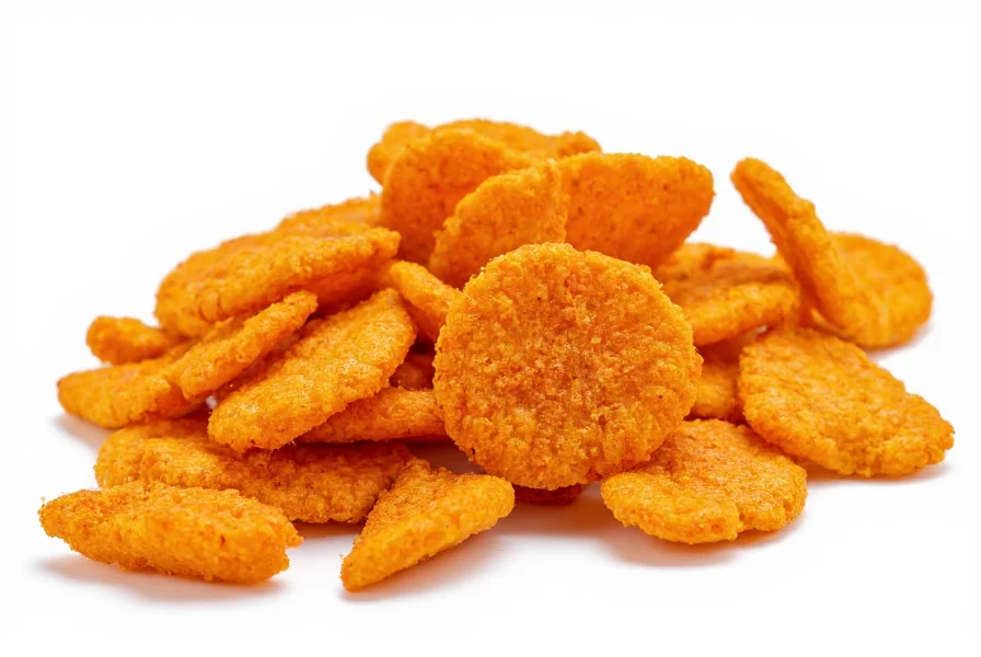 Close-up photography of chili crispitos snack pieces showing their irregular shape and reddish-orange seasoning coating on white background